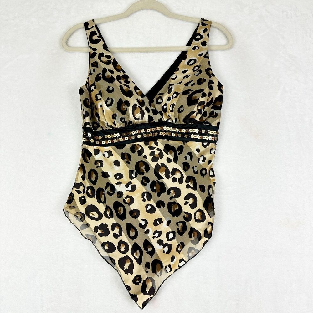 Vintage Cache Y2K 100% Silk Leopard Print Beaded Hankerchief Hem Tank Top Size 2